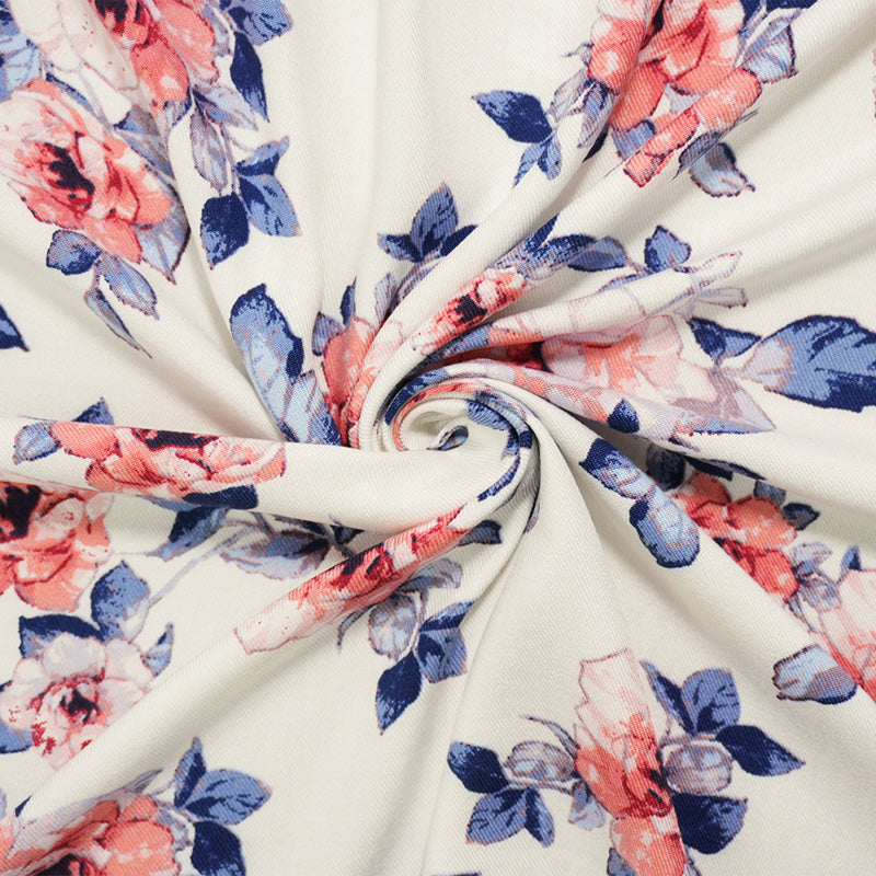White-Blue-Pink Rayon Floral Printed Twill Woven Fabric