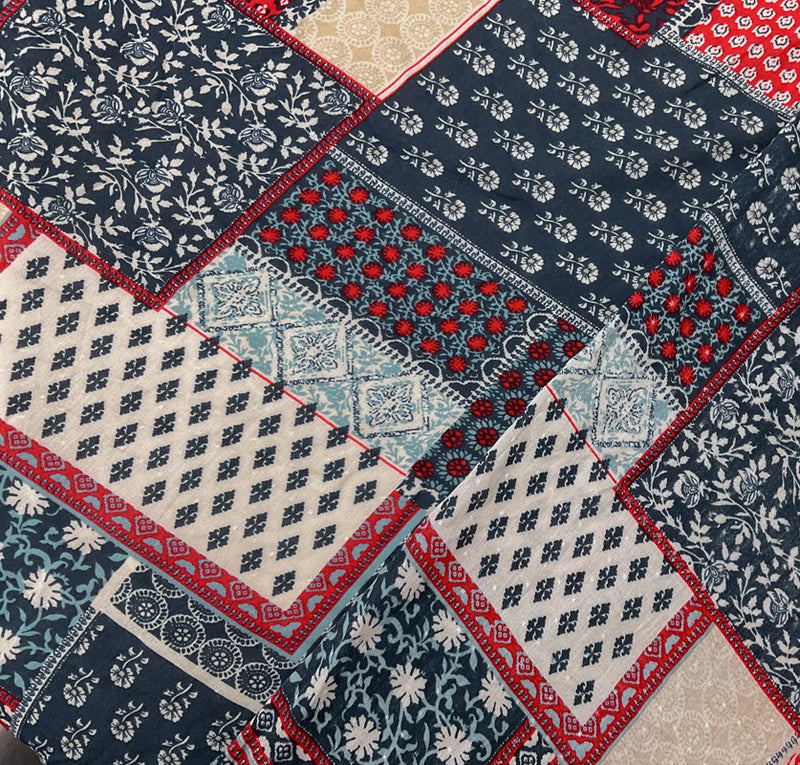 3 3/8 YD PC-Blue-Red-Multi Rayon Patch Border Printed Lawn Woven Fabric