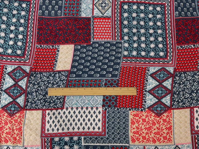 3 3/8 YD PC-Blue-Red-Multi Rayon Patch Border Printed Lawn Woven Fabric