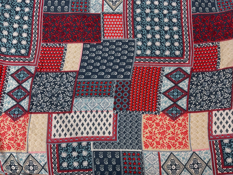 Blue-Red-Multi Rayon Patch Border Printed Lawn Woven Fabric