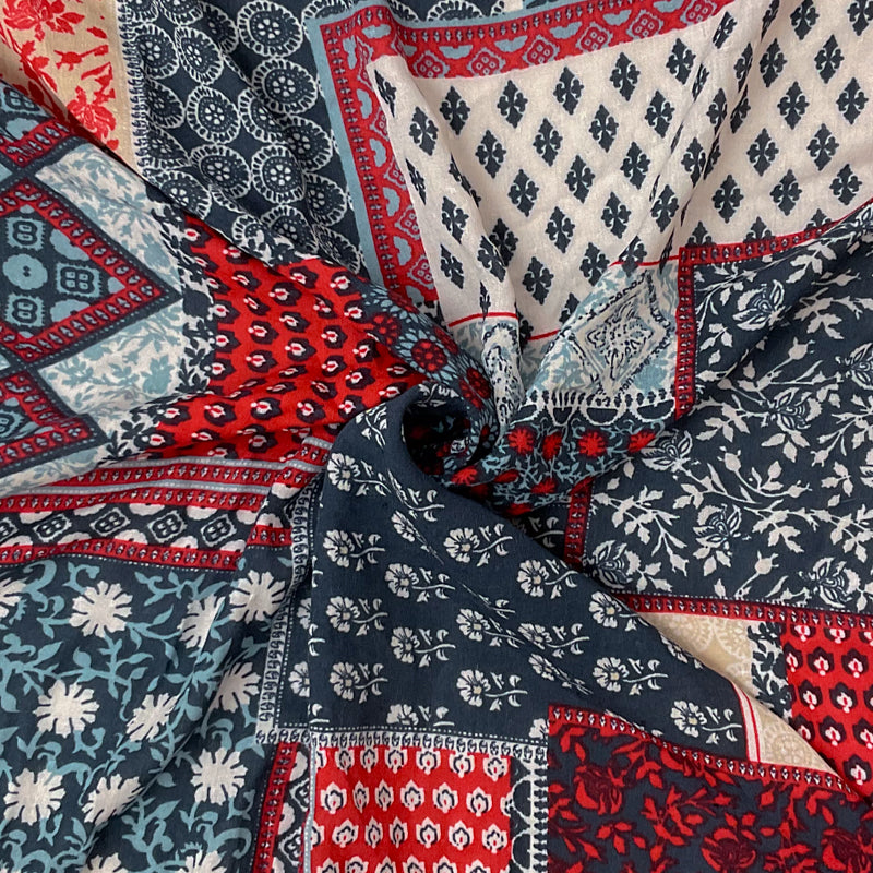 Blue-Red-Multi Rayon Patch Border Printed Lawn Woven Fabric
