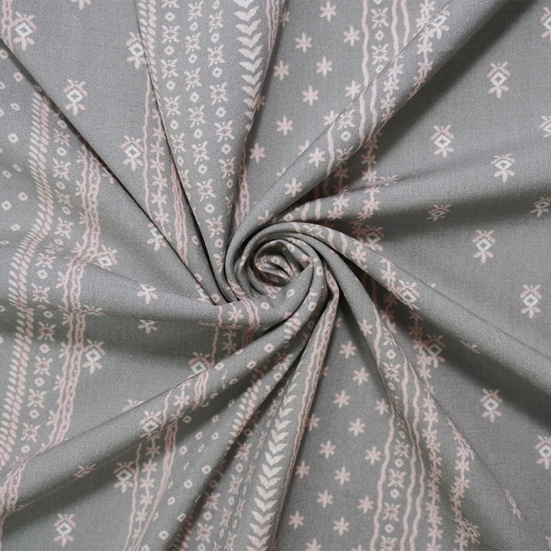 Gray-Pink-White Rayon Nordic Stripe Printed Challis Woven Fabric