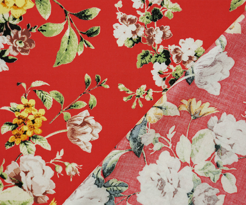 Red-Yellow-Multi Rayon Floral Printed Challis Woven Fabric
