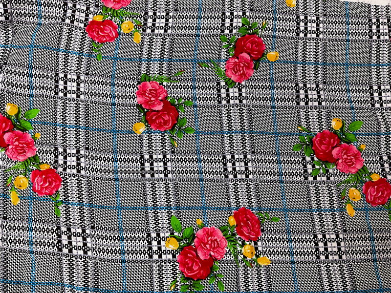 Black-Red-Multi Rayon Floral Plaid Printed Challis Woven Fabric