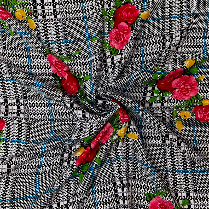 Black-Red-Multi Rayon Floral Plaid Printed Challis Woven Fabric