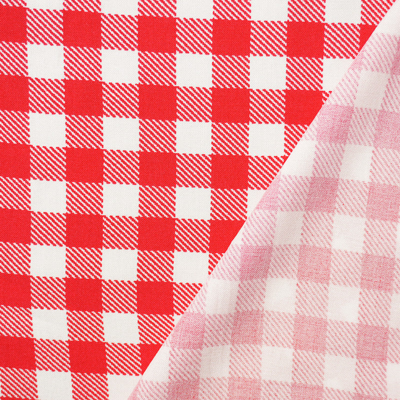 Red-White Rayon Check Printed Challis Woven Fabric