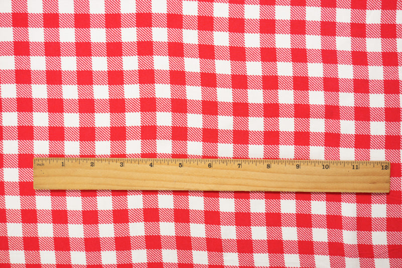 Red-White Rayon Check Printed Challis Woven Fabric