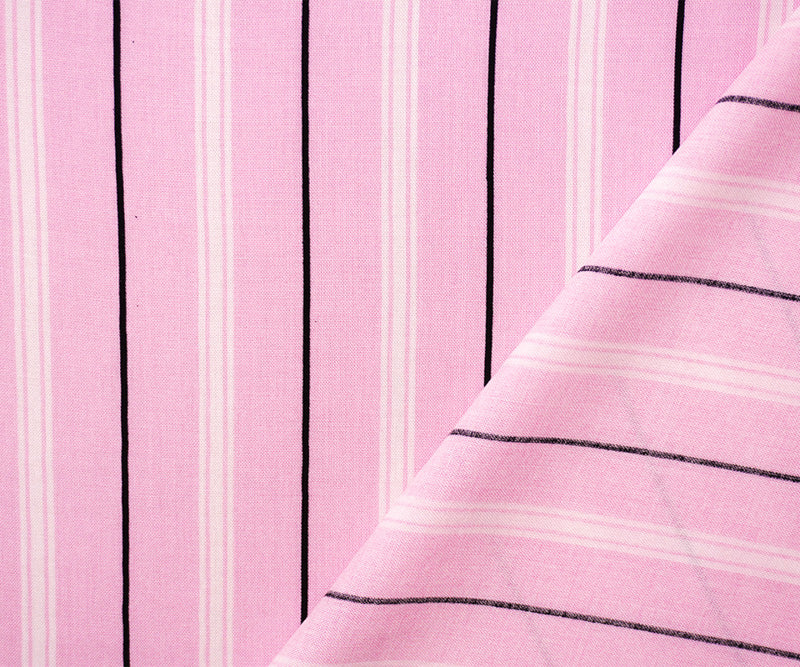 Pink-White-Black Rayon Stripe Printed Challis Woven Fabric