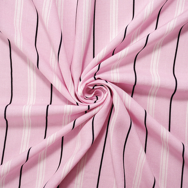 Pink-White-Black Rayon Stripe Printed Challis Woven Fabric