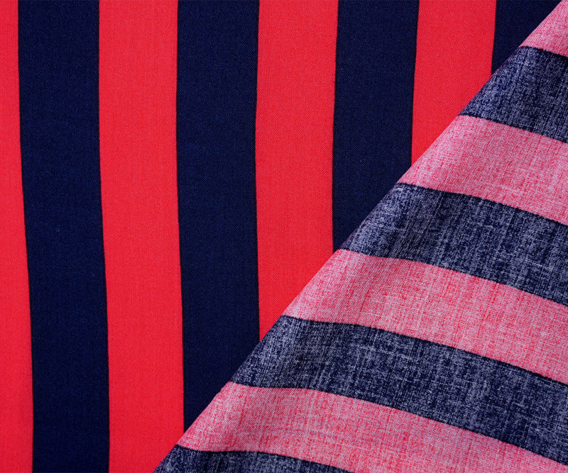Red-Blue Rayon Stripe Printed Challis Woven Fabric