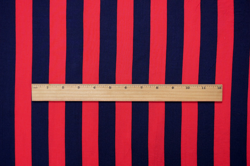 Red-Blue Rayon Stripe Printed Challis Woven Fabric