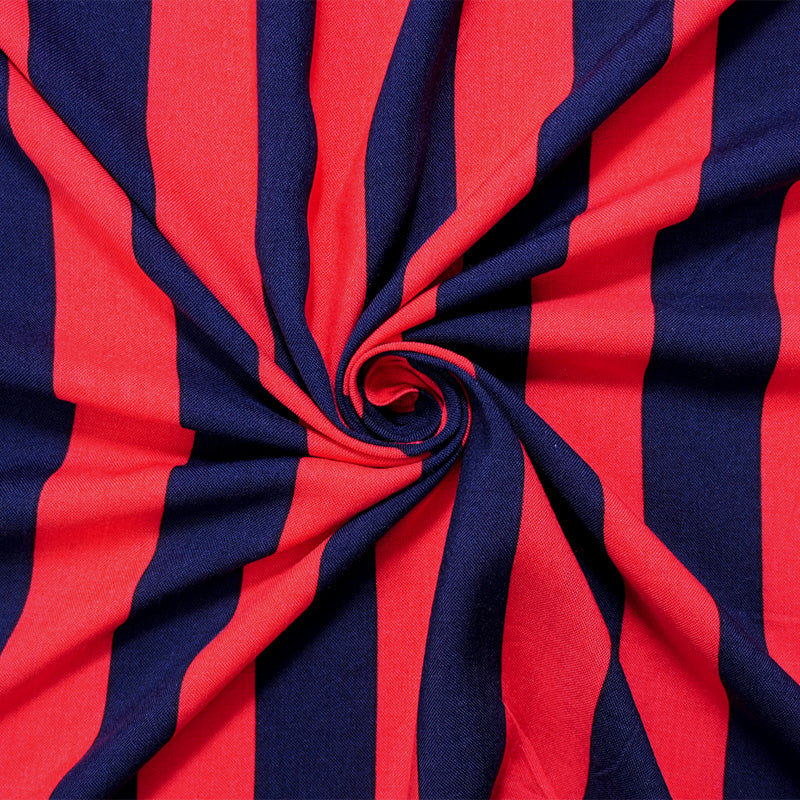 Red-Blue Rayon Stripe Printed Challis Woven Fabric