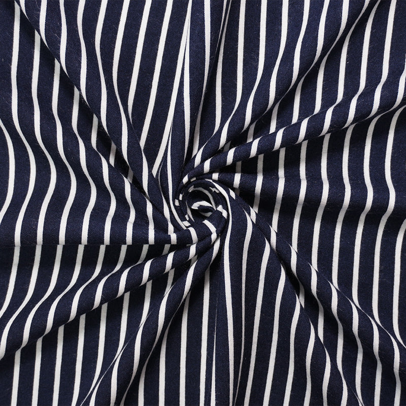 Deep Blue-White Rayon Stripe Printed Challis Woven Fabric
