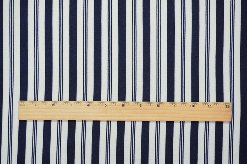 Deep Navy-White Rayon Stripe Printed Challis Woven Fabric