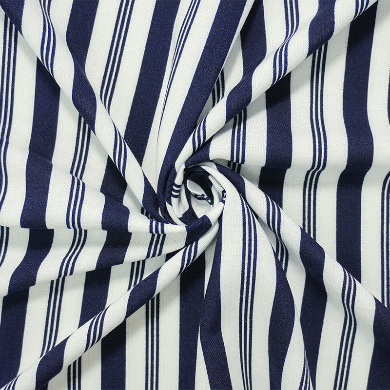 Deep Navy-White Rayon Stripe Printed Challis Woven Fabric