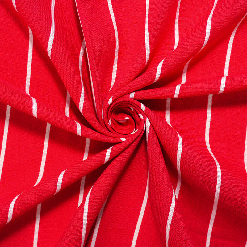 Red-White Rayon Stripe Printed Challis Woven Fabric