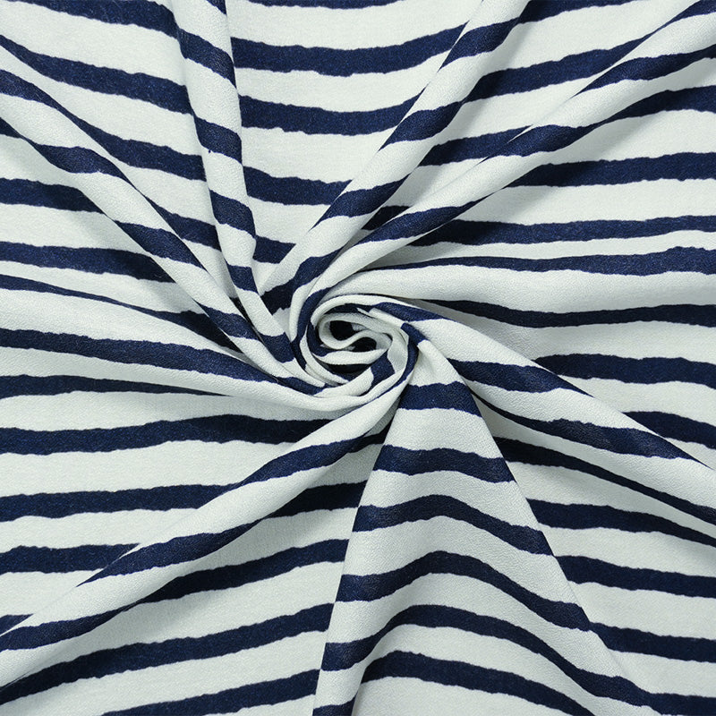 Ivory-Blue Rayon Horizontal Stripe Crepe Woven Fabric
