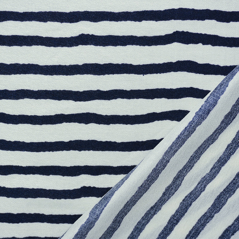 Ivory-Blue Rayon Horizontal Stripe Crepe Woven Fabric