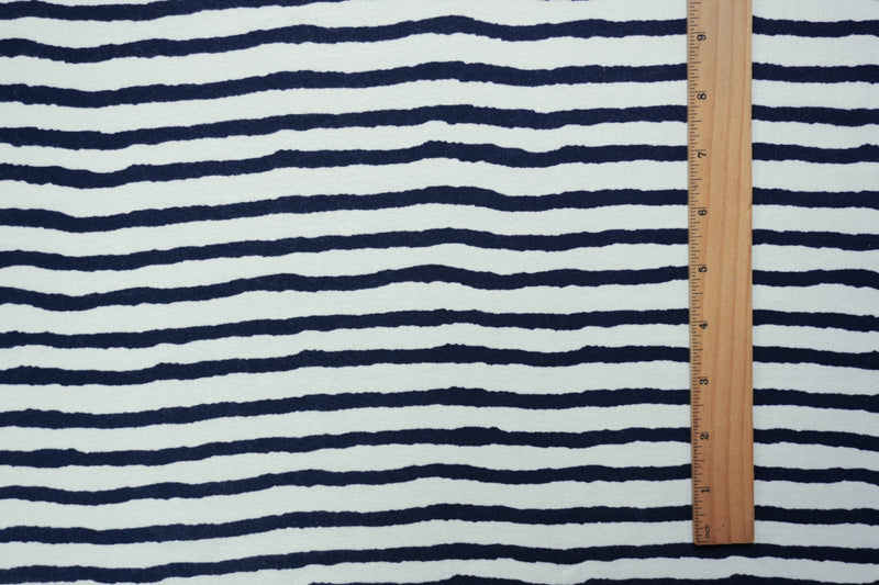 Ivory-Blue Rayon Horizontal Stripe Crepe Woven Fabric