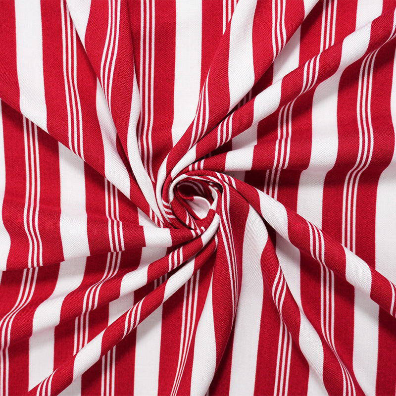Red-White Rayon Stripe Printed Challis Woven Fabric