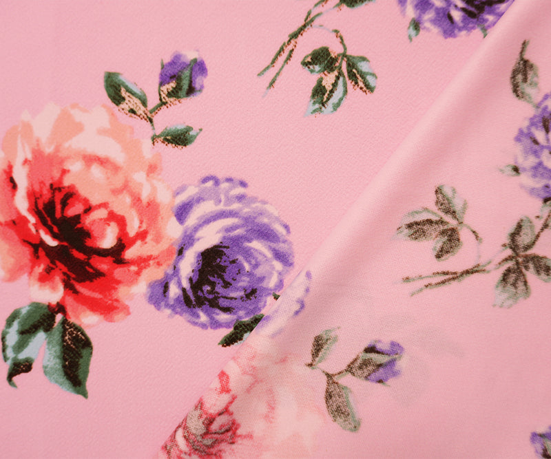 Pink-Purple-Multi Poly Floral Print Liverpool Double Knit Fabric
