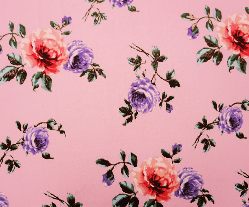 Pink-Purple-Multi Poly Floral Print Liverpool Double Knit Fabric