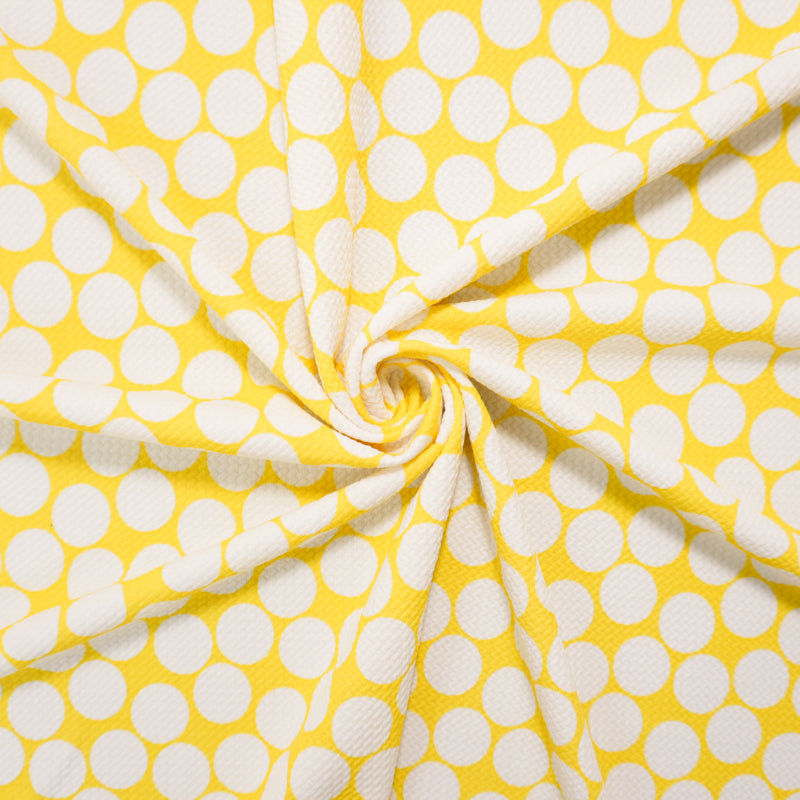 Yellow-White Poly Dot Print Liverpool Double Knit Fabric
