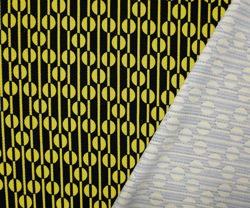 Yellow-Black Poly Geometric Print Liverpool Double Knit Fabric