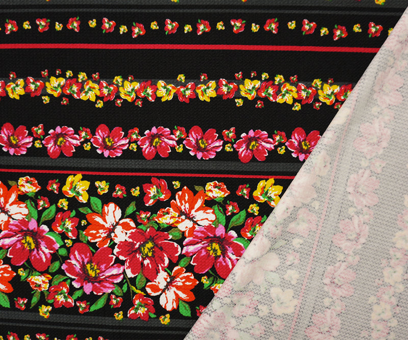Red-Black-Multi Poly Floral Stripe Print Liverpool Double Knit Fabric