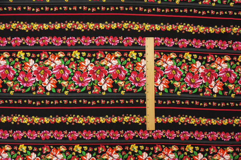 Red-Black-Multi Poly Floral Stripe Print Liverpool Double Knit Fabric