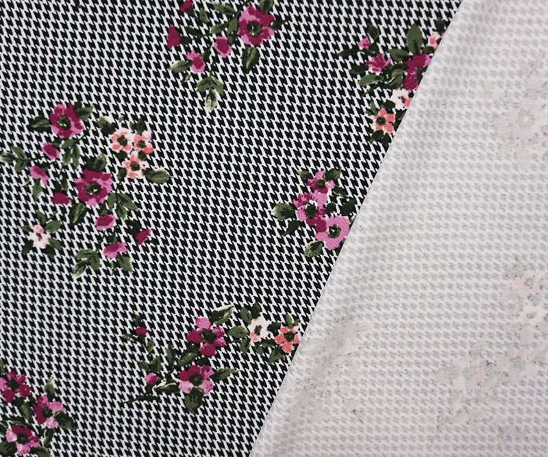 Black-White-Multi Poly Floral Print Liverpool Double Knit Fabric