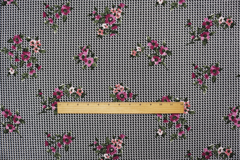 Black-White-Multi Poly Floral Print Liverpool Double Knit Fabric