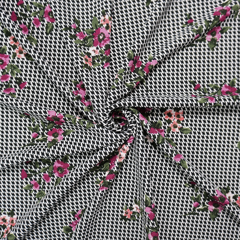 Black-White-Multi Poly Floral Print Liverpool Double Knit Fabric