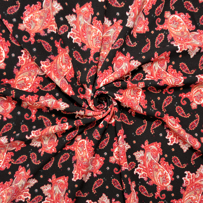 Black-Red-Multi Poly Paisley Print Liverpool Double Knit Fabric