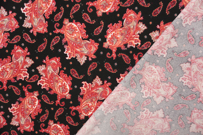 Black-Red-Multi Poly Paisley Print Liverpool Double Knit Fabric