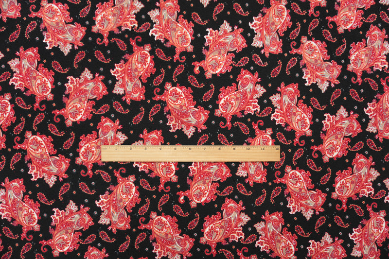 Black-Red-Multi Poly Paisley Print Liverpool Double Knit Fabric