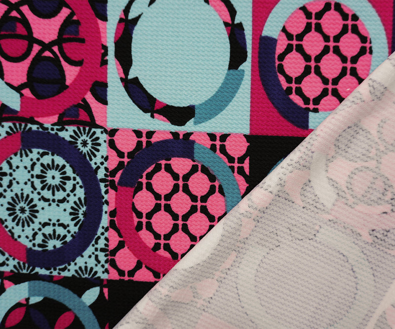 Blue-Pink-Black Poly Geometric Print Liverpool Double Knit Fabric