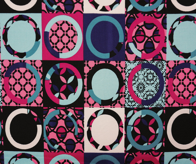 Blue-Pink-Black Poly Geometric Print Liverpool Double Knit Fabric