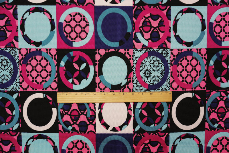 Blue-Pink-Black Poly Geometric Print Liverpool Double Knit Fabric
