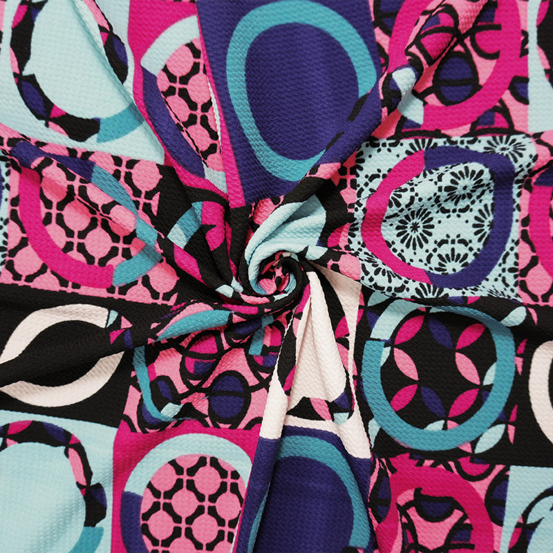 Blue-Pink-Black Poly Geometric Print Liverpool Double Knit Fabric