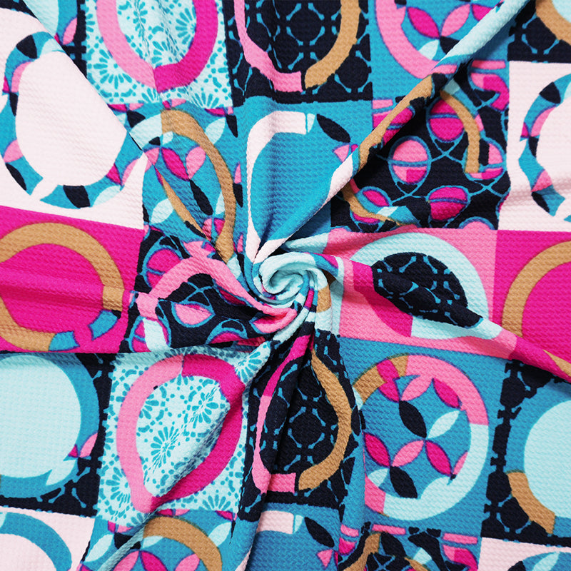 Blue-Pink-Beige Poly Geometric Print Liverpool Double Knit Fabric