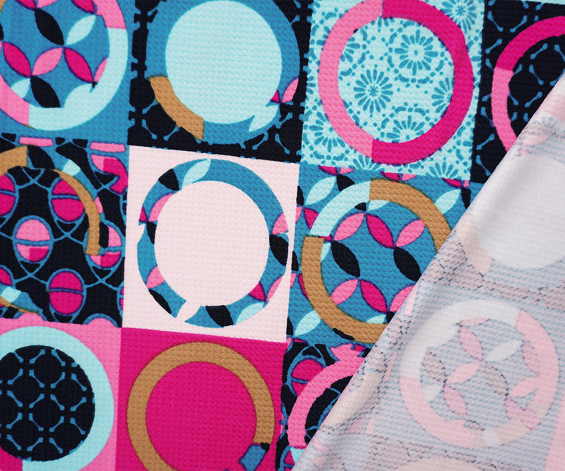 Blue-Pink-Beige Poly Geometric Print Liverpool Double Knit Fabric