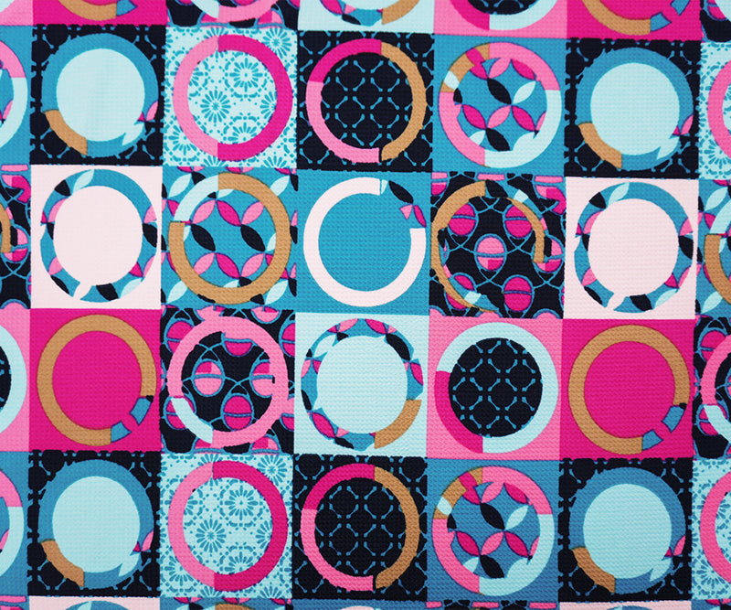 Blue-Pink-Beige Poly Geometric Print Liverpool Double Knit Fabric