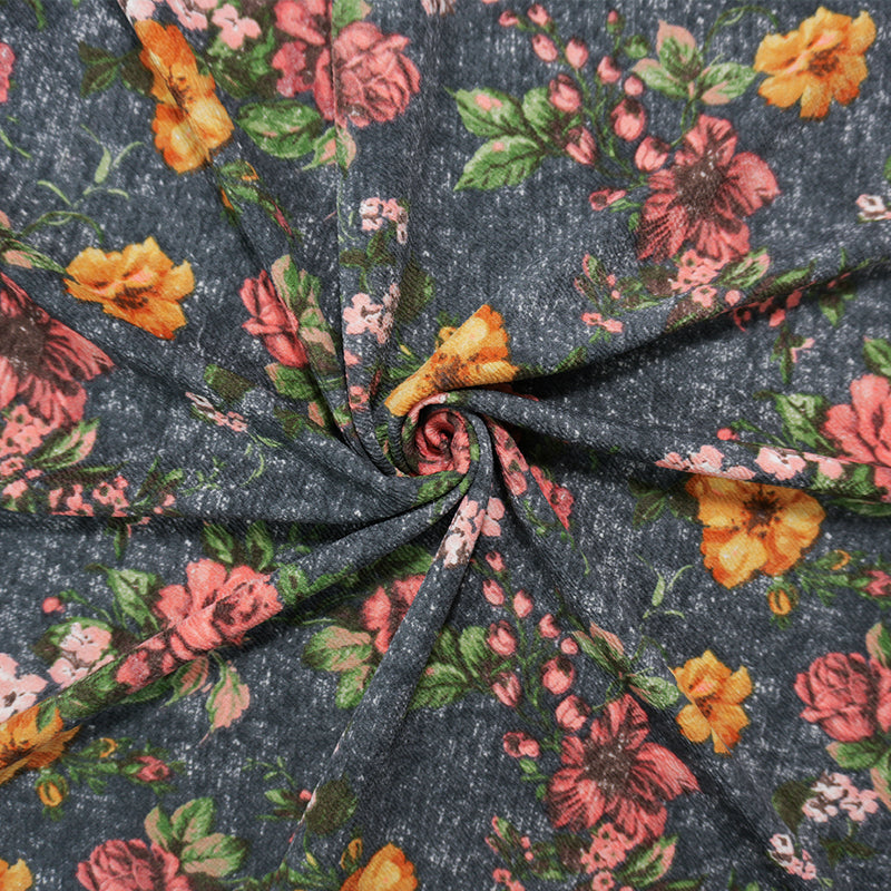 Gray-Pink-Multi Poly Floral Print Liverpool Double Knit Fabric