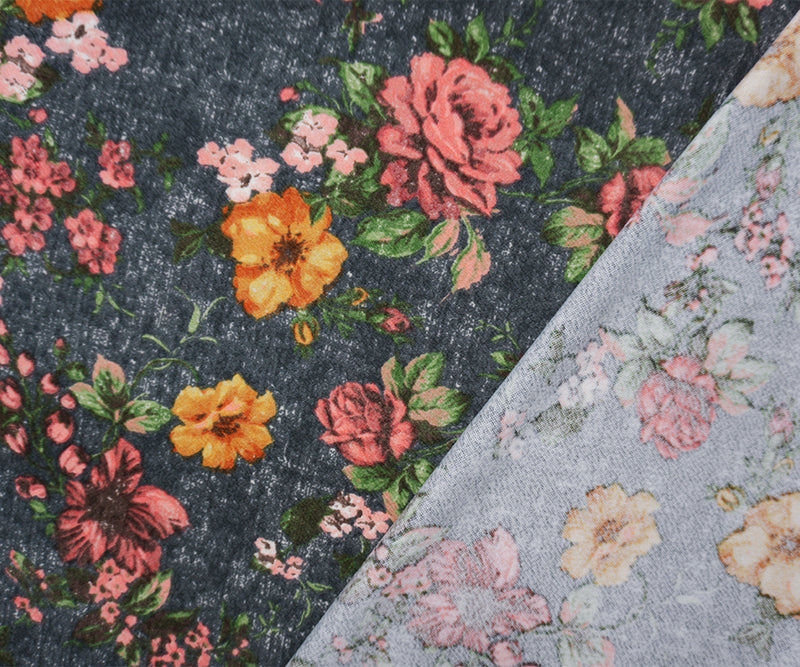 Gray-Pink-Multi Poly Floral Print Liverpool Double Knit Fabric