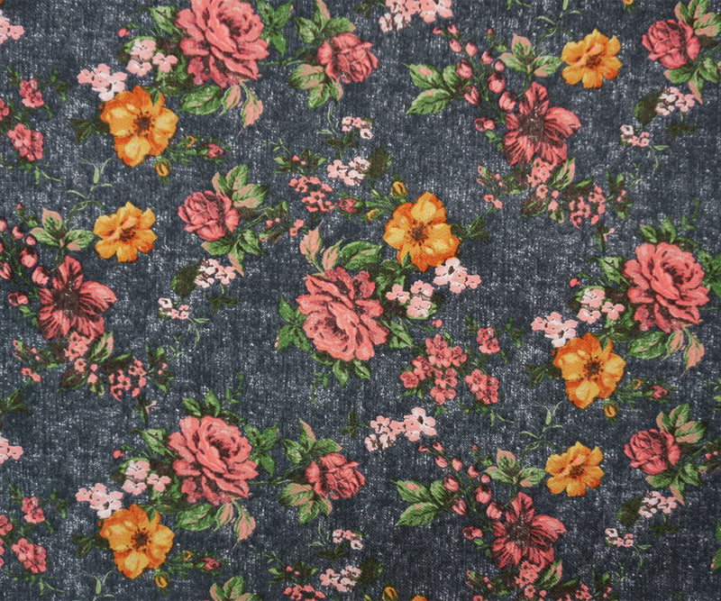 Gray-Pink-Multi Poly Floral Print Liverpool Double Knit Fabric