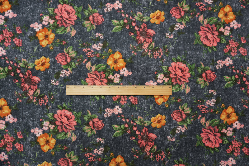 Gray-Pink-Multi Poly Floral Print Liverpool Double Knit Fabric