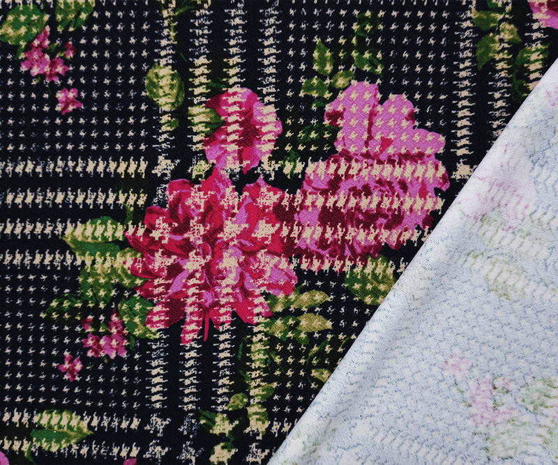 Black-Multi Poly Plaid Floral Print Liverpool Double Knit Fabric