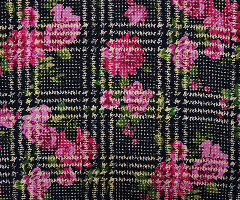 Black-Multi Poly Plaid Floral Print Liverpool Double Knit Fabric