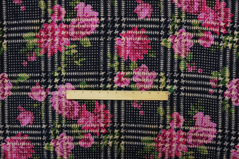 Black-Multi Poly Plaid Floral Print Liverpool Double Knit Fabric
